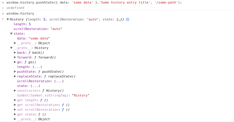 Chrome developer tools history object